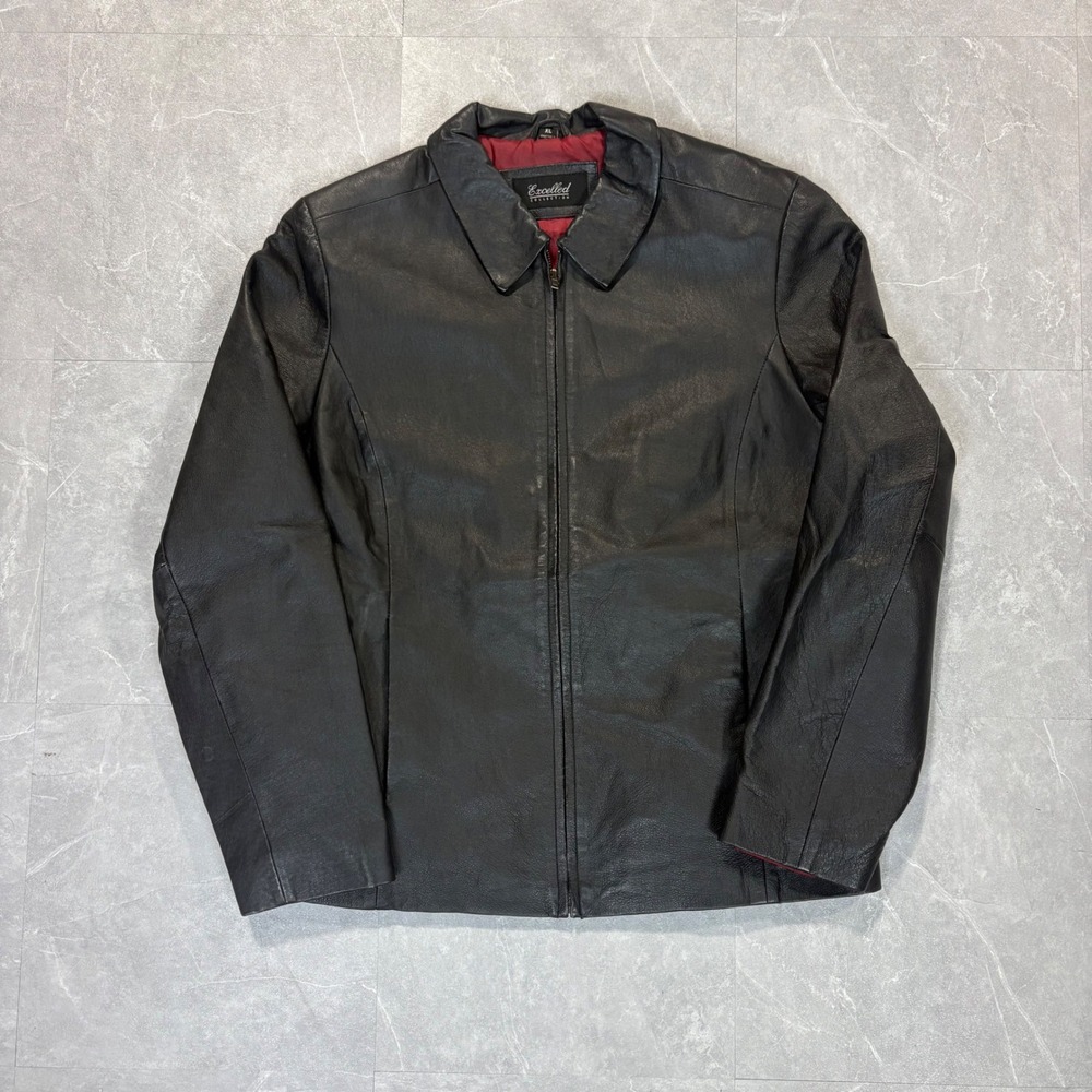 Excelled Collection Womens Black Leather Zip Up Jacket XL Burgundy Lining